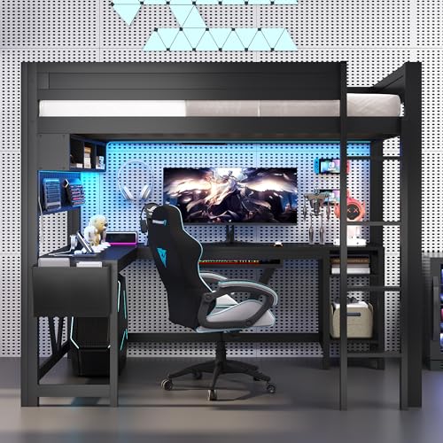 Merax Full Size Gaming Loft Bed with L Shape Desk, Storage Shelves, Sturdy Wood Loft Bunk Bed Frame with Charging Station and Lights, No Box Spring Needed, Space-Saving, Noise Free, Black Merax