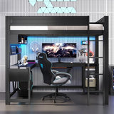 Merax Full Size Gaming Loft Bed with L Shape Desk, Storage Shelves, Sturdy Wood Loft Bunk Bed Frame with Charging Station and Lights, No Box Spring Needed, Space-Saving, Noise Free, Black Merax