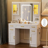 NUNU LAB Makeup Vanity Desk with Mirror and Lights, White Dressing Table with Charging Station, Makeup Vanity with RGB Cabinets and 7 Drawers RGB Cabinets, 3 LED Light Modes (043 White) NUNU LAB