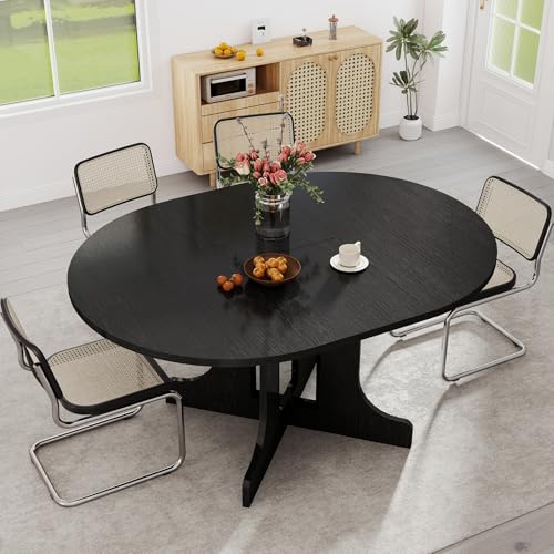 Zevemomo 43"-59" Extendable Dining Room Table for 4-6, Expandable Round Dining Table, Oval Tabletop with Trestle X-Shaped Base & Metal Track for Office, Living Room-Black Zevemomo