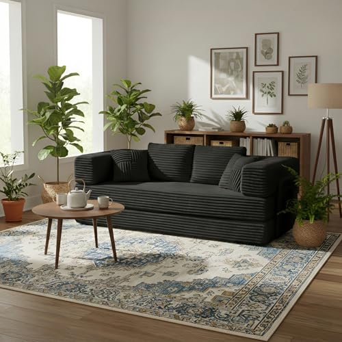 79.5" Folding Convertible Sofa Bed with Side Storage Pockets, 4-in-1 Corduroy Boneless Couch, No Assembly Loveseat Sleeper, Floor Sofa Daybed Futon Couch for Living Room Bedroom Lounge, Black Upgraded Asucoora