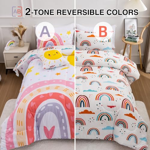 A Nice Night Bedding 6 Pcs Cartoon Rainbow Bedding Set with Smile Sun Printed for Boys Girls Bed Comforter Sets (White, Twin) A Nice Night