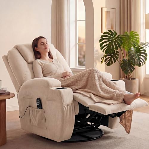 JUMMICO Small Swivel Rocker Recliner, 360 Rocking Chair Recliner with Massage, Upholstered Fabric Rocker Recliner with Cup Holder for Living Room, Bedroom, Nursery (Beige)