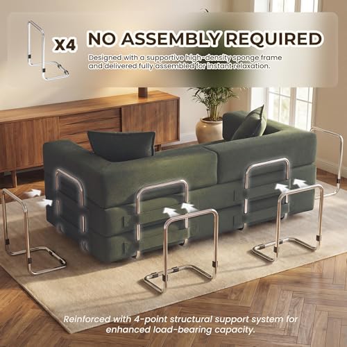 GRUSIGN 78 Inch Convertible Sofa Bed, 5-in-1 Futon Sofa Bed Pull Out Couch, Boneless Couch Bed for Living Room, Corduroy Boneless Couches for Bedroom, Apartment, No Assembly Sleeper Sofa Bed, Green GRUSIGN