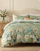 Bedsure 100% Cotton Reversible Floral Duvet Cover King Size - Flowers and Birds Pattern Printed Comforter Cover with Zipper Closure & 2 Pillow Shams, Comforter Sold Separately (Green Garden, 104"x90") Bedsure