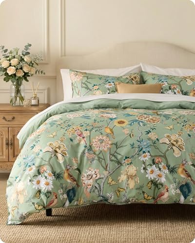 Bedsure 100% Cotton Reversible Floral Duvet Cover King Size - Flowers and Birds Pattern Printed Comforter Cover with Zipper Closure & 2 Pillow Shams, Comforter Sold Separately (Green Garden, 104"x90") Bedsure