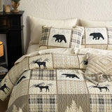 Wake In Cloud - Rustic Quilt Set, Cabin Lodge Christmas Bear Moose Deer Woodland Western Patchwork Country, Reversible Lightweight Bedspread Coverlet, 3 Pieces, Tan Cream, Queen/Full Size Wake In Cloud