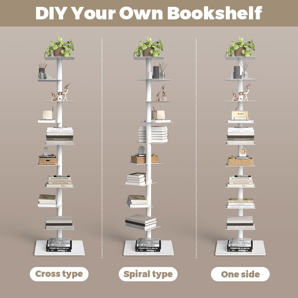 Nidouillet 9-Tier Metal Spine Bookshelf, Adjustable Vertical Tower for Books, Tall & Narrow Ladder Bookcase, Space-Saving Multipurpose Corner Storage Shelf, Display Stand, Tool-Free Assembly, White Nidouillet