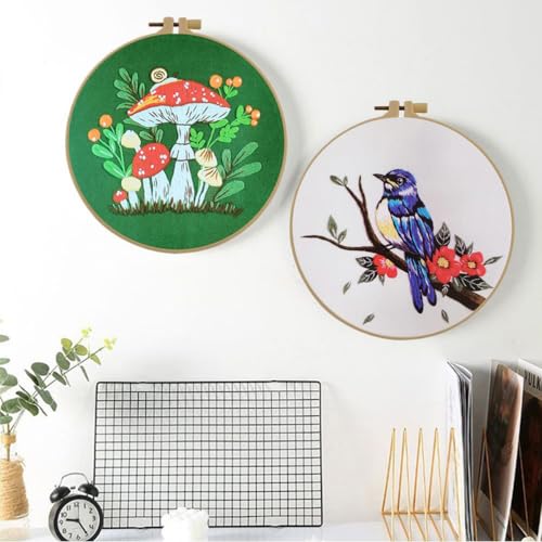 Esffaci Embroidery Starter Kit for Adult Beginners - Blue Bird Flowers Pattern with Cloth Hoop, Needle, Threader, Floss and Instructions