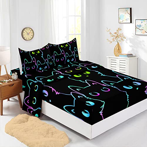 Axolotl Kids Bedding Cute Cat Sheet Set Twin Size, Gradient Line, 4Pcs Kawaii Cat Bed Sets with 1 Fitted Sheet 1 Flat Sheet 2 Pillowcases for Kids Boys Girls Adults Teens, Black Axolotl