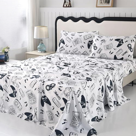 SDIII 4PCS Black and White Gamer Bedding Sheet Sets for Boys Girls Teens and Kids, Bed in a Bag Full Sheet Set, Video Game Bed Sheet Set on Amazon, Full SDIII