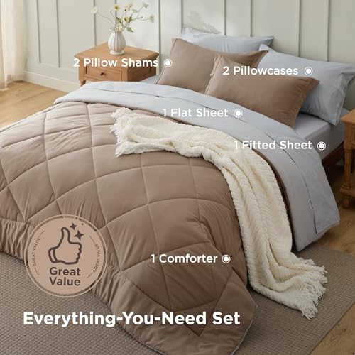 Bedsure Queen Comforter Set - 7 Pieces Reversible Brown Bedding, Queen Size Bed Set for All Seasons, Bed in a Bag with Down Alternative Comforter, Sheets, Pillowcases & Shams Bedsure