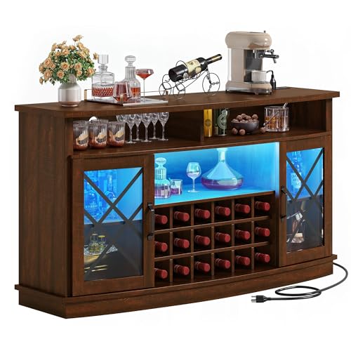 DWVO Wine Bar Cabinet with LED Light, 58'' Large Wine Cabinet w/Storage, Tempered Glass Doors, Adjustable Shelf, 32'' Tall Coffee Bar for Living Room, Dining Room, Rustic Brown - WoodArtSupply