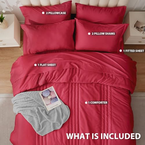 Velorose Queen Comforter Set Red - Bed in a Bag Queen Size 7 Pieces, Soft Bedding Set for All Seasons, Christmas Premium Queen Comforter Set with Comforter, Sheets, Pillowcases & Shams Velorose