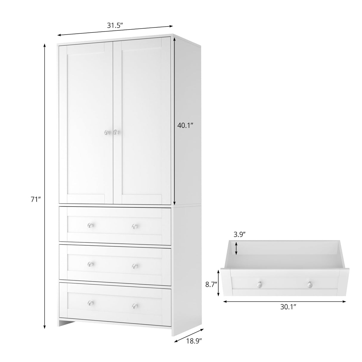 VOWNER Armoire Wardrobe Closet with Drawers and Mirror, 71" Clothing Storage Cabinet with Hanging Rod, 2 Doors Wooden Wardrobe Cabinet for Bedroom, Large Capacity Storage, White VOWNER
