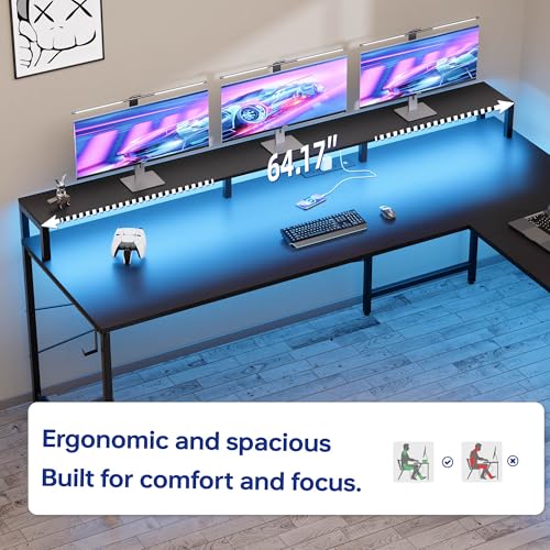 Pamray 64 Inch L Shaped Gaming Desk with Power Outlets and Led Lights, Large Corner Computer Desk with Monitor Stand and Pegboard, PC Table for Home Office and Bedroom White Pamray