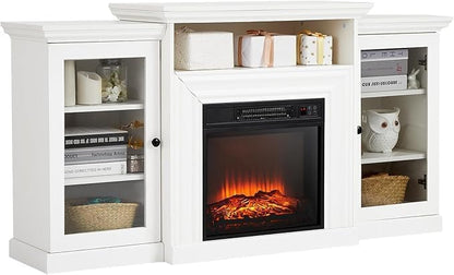 White Farmhouse Fireplace TV Stand with 3-D Real Flame Electric Fireplace for 65/75 inch TV, 31" Tall Highboy Entertainment Center, TV Console with 2 Glass Doors & Open Shelf for Living Room