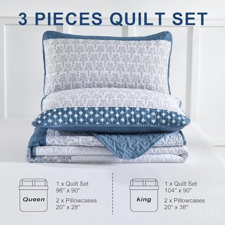 WONGS BEDDING Blue Quilt King Size, Bohemian Stripe Quilt Sets 3 Pieces Boho Quilted Bedspread Set Lightweight Microfiber Coverlet Bedding Set All Season (104"x90") WONGS BEDDING