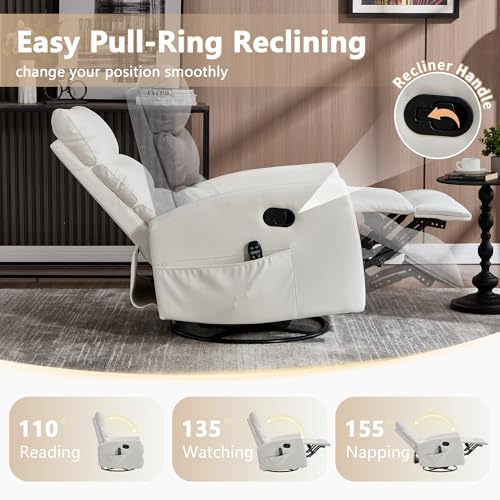cinkehome Swivel Rocker Recliner Chair, Upholstered Nursery Glider Recliner Chair with Heated Massage, High Back, Side Pocket (White PU Leather)