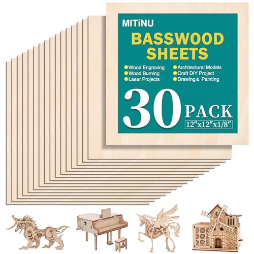 MITINU 30 Pack Basswood Sheets for Crafts,12"x12"x1/8" 3mm Thick Plywood Sheets with Smooth Surfaces-Unfinished Squares Wood Boards for Laser Cutting, Wood Burning, Architectural Models, Staining MITINU
