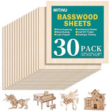 MITINU 30 Pack Basswood Sheets for Crafts,12"x12"x1/8" 3mm Thick Plywood Sheets with Smooth Surfaces-Unfinished Squares Wood Boards for Laser Cutting, Wood Burning, Architectural Models, Staining MITINU