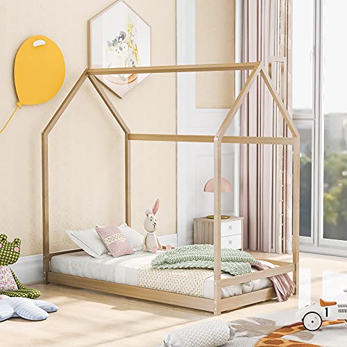 Merax Twin Size Wood House Bed, Wooden Bedframe with Roof for Kids, Teens, Boys or Girls, Natural - WoodArtSupply