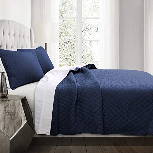 Lush Decor Ava Quilt Diamond Pattern Solid 3 Piece Oversized Bedding Blanket Bedspread Set - Full/Queen - Navy Lush Decor