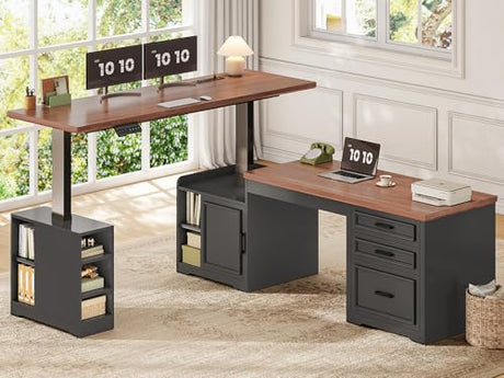 SEDETA Farmhouse L Shaped Electric Standing Desk, 63" x 67" Height Adjustable Home Office Executive Desk with Drawers and Shelves, Standing Computer Desks with Power Outlet for Home Office, Black SEDETA