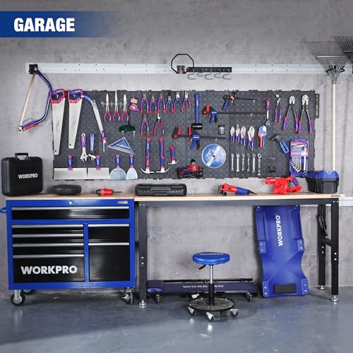 WORKPRO 48" Adjustable Garage Workbench, with Rubber Wood Top & Power Outlets + 2 Pack 16”x 32” Metal Pegboard, 1500 LBS Load Capacity Hardwood Worktable with Leveling Foot, for Workshop, Garage WORKPRO