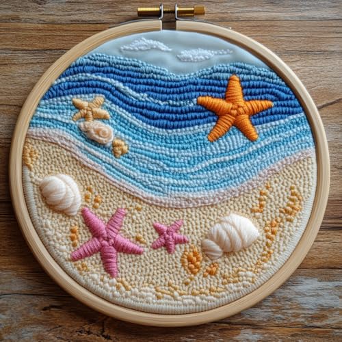 DIY Punch Needle Kits Beach and Starfish Sea Shells Easy for Beginners Punch Needle Embroidery Set with Hoop Stamped Pattern for Craft Lovers and Home Decor-3