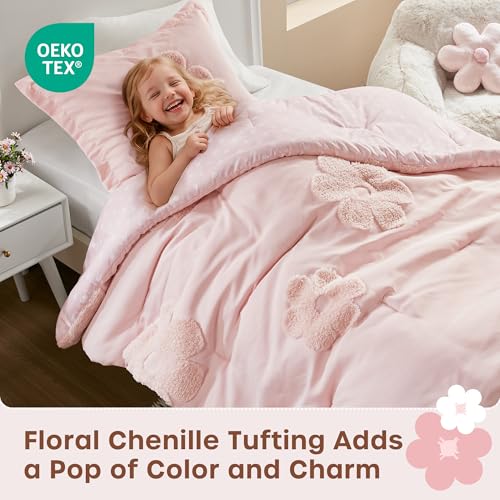 Intelligent Design Kids Twin Comforter Set for Girls, Tufted Chenille Floral Comforter Set Twin, Lightweight Polka Dot Comforter Reversible Bed Set, Sham, Pillow, Gracie, Twin Pink 3 Piece Intelligent Design