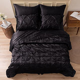 MR&HM Satin Comforter Queen 7 Pieces - Luxurious Pinch Pleat Bedding Set with Comforter, Flat Sheet, Fitted Sheet, Pillowcases & Shams, Super Silky Soft Bed Set for All Season (Queen, Black) MR&HM