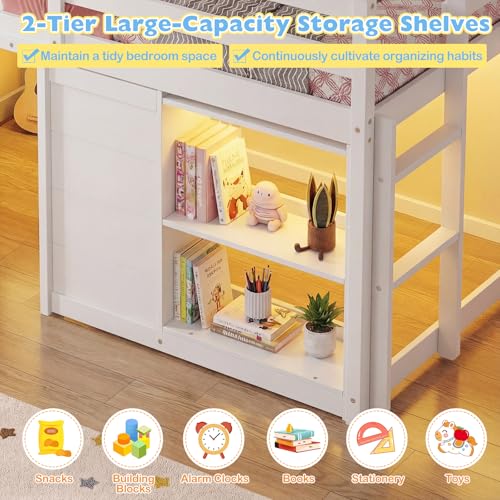 Giantex Loft Bed Twin Size with LED Lights, Wooden Low Bed Frames for Kids w/2 Doors, Under-Bed Play Space & Storage Bookcase, Modern Bedframe with Ladder & Safety Guardrail for Boys Girls (White) Giantex