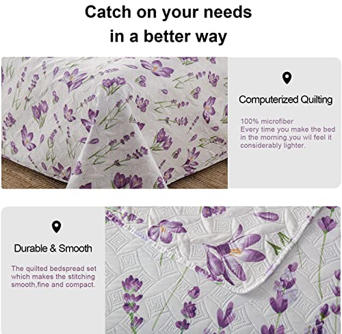 Ycosy Quilt Set King Size Floral Bedspread Coverlet King Quilts Set Bedding Summer Lightweight Floral Quilt Bedding Reversible Quilt Bedspread Plant Green Leaves Purple Flower Home Quilts Collections Ycosy