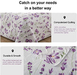 Ycosy Quilt Set King Size Floral Bedspread Coverlet King Quilts Set Bedding Summer Lightweight Floral Quilt Bedding Reversible Quilt Bedspread Plant Green Leaves Purple Flower Home Quilts Collections Ycosy