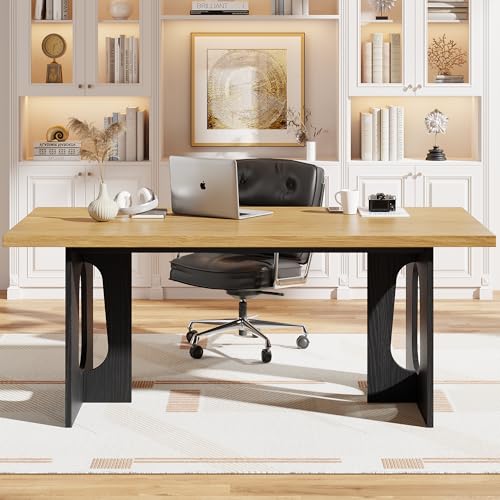 71" Long Dining Table for 6-10 People - Kitchen Table with Extra Thickened Tabletop & Heavy Duty Base Legs, Modern Rectangular Dinner Table for Kitchen, Conference Room, Home, Natural + Black Garvee