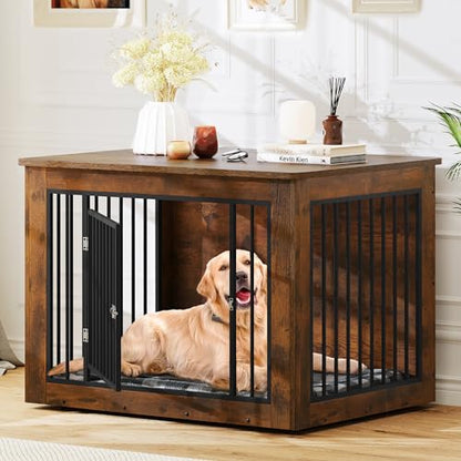 YITAHOME Dog Crate Furniture for Large Dogs, Side End Table, Modern Dogs Kennel Indoor up to 80 lb, 2-in-1 Iron-Wood Fusion Dog Cage with Waterproof Top, Safety Corners, Steel Lock,43" L,Rust - WoodArtSupply