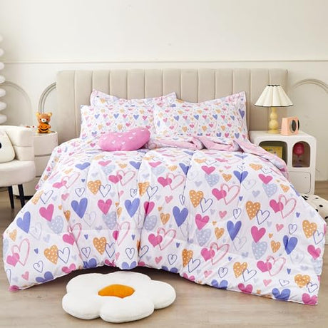 Mooreeke Twin Size Comforter Sets for Girls Kids, 6 Pieces Bed in a Bag Pink Heart Bedding Comforter Sheet Set with Shams and Decorative Toy Pillow, Ultral Soft Microfiber Kids Bed Set Mooreeke