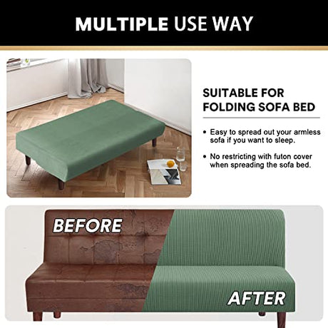 PrinceDeco Stretch Futon Slipcover Armless Futon Bed Cover Furniture Protector Without Armrests with Elastic Bottom for Kids, Soft Jacquard Fabric Small Checks, Machine Washable, Loden Frost PrinceDeco