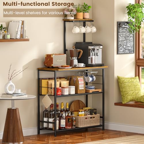 3IngSeagulls Bakers Rack with Storage, Kitchen Microwave Stand with Adjustable shelf and 6 S Hooks, 4-Tier Coffee Station Table, Kitchen Shelves for Spices, Pots, Rustic Brown