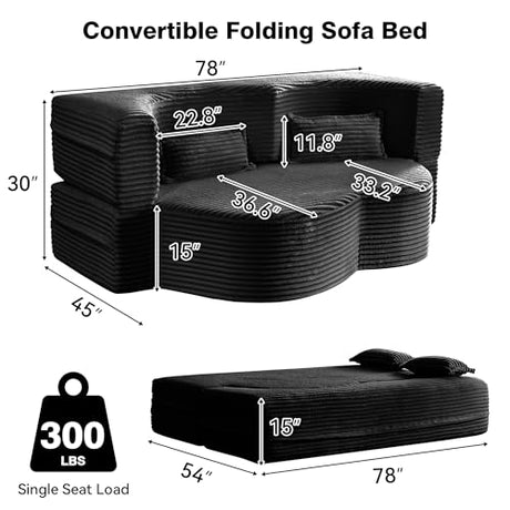 78" Full Size Convertible Futon Sofa Bed, Corduroy Folding Sleeper Sofa Bed with Pillow, Foam Mattress Futon Loveseat Couch, No Assembly Folding Boneless Couches for Living Room, Space‑Saving, Black extrasleep