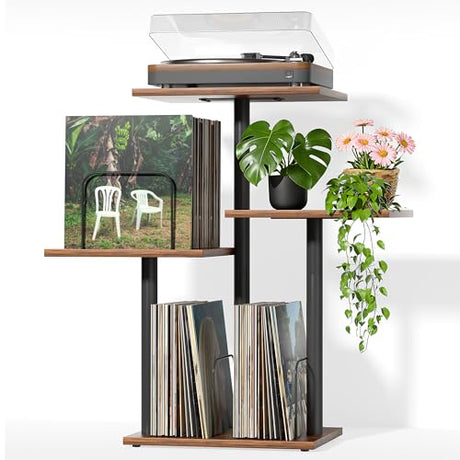 Bikoney Botanical Record Player Stand,Vinyl Record Storage Holder with Plant Stand, Vintage Turntable Stand Table with Record Album Display Shelf,Unique Record Console Cabinet,Mid Century Modern Wood Bikoney