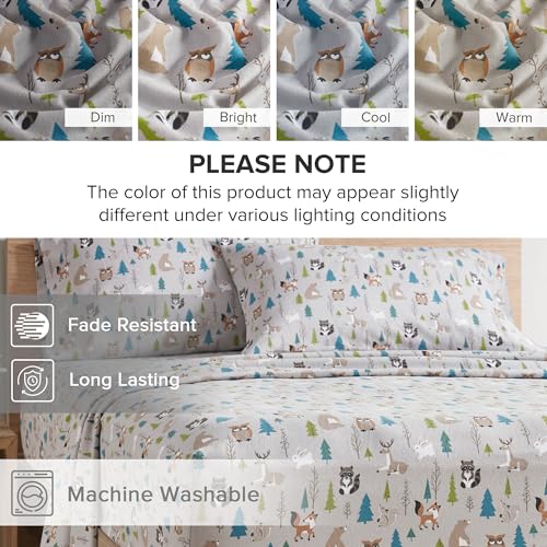 Comfort Spaces Cotton Flannel Sheets Twin Size, Ultra Soft Flannel Sheet Set with 12" Elastic Pocket , Novelty Print Warm Flannel Bedding, Multi Forest Animals 3 Piece Comfort Spaces