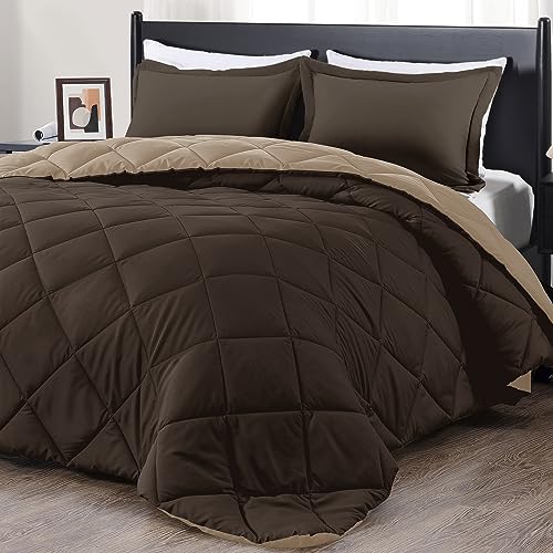downluxe Queen Comforter Set - Brown and Tan Queen Comforter, Soft Bedding Sets for All Seasons -3 Pieces - 1 Comforter (88"x92") and 2 Pillow Shams(20"x26") downluxe
