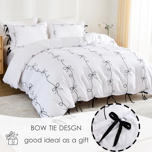 Black White Duvet Cover Set Black Bow Tie Bedding Set Super Soft Breathable Microfiber Bowknot Butterfly Tie Aesthetic Bedding Romantic French Twin Duvet Cover for All Season Chumerry