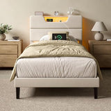 OURPIC Twin Bed Frames for Kids, Twin Size Bed Frames with Upholstered Headboard, Modern Platform Bed with Charging Station and Led Lights, Sturdy Wooden Slats OURPIC