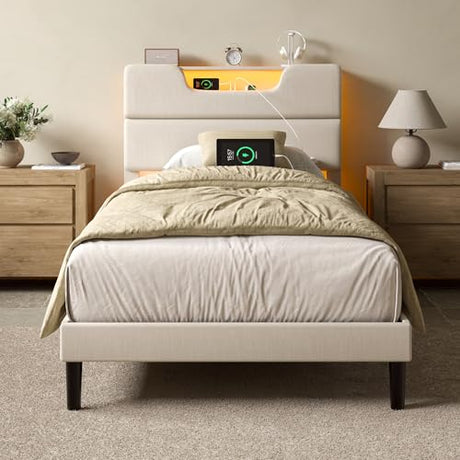 OURPIC Twin Bed Frames for Kids, Twin Size Bed Frames with Upholstered Headboard, Modern Platform Bed with Charging Station and Led Lights, Sturdy Wooden Slats OURPIC