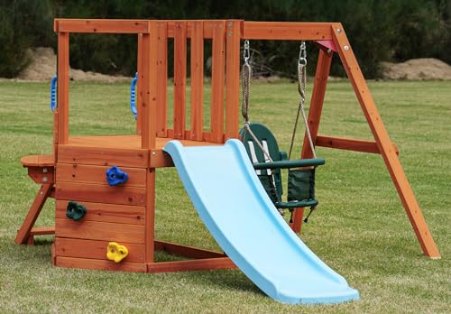 Dolphin Playground 5 in 1 Multifunction Toddler Swing Sets for Backyard, Outdoor Playset with Baby Swing, Outdoor Table, Blackboard, Slide, and Rock Climbing Wall,Toddler Swing Sets Ages 18mo - WoodArtSupply