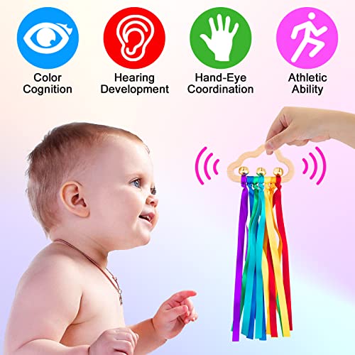 Baby Sensory Ribbon Ring Toys - 2Pcs Rainbow Ribbon Rattle Natural Wooden Ribbon Ring Molar Wood Circle Newborn Teether Sensory Montessori Toy for 6-12 Month Babies Toddler FPVERA