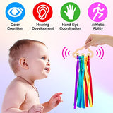 Baby Sensory Ribbon Ring Toys - 2Pcs Rainbow Ribbon Rattle Natural Wooden Ribbon Ring Molar Wood Circle Newborn Teether Sensory Montessori Toy for 6-12 Month Babies Toddler FPVERA